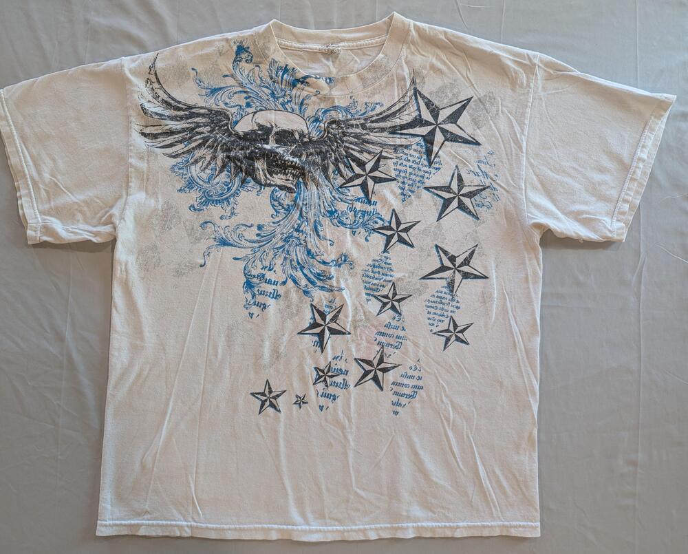 Alstyle Shirt Mens XL White Skull Wings Stars Short Sleeve Graphic Tee Gothic